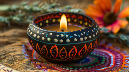 A closeup of a handpainted diya showcasing the skilled craftsmanship and attention to detail put into each one for the festival.