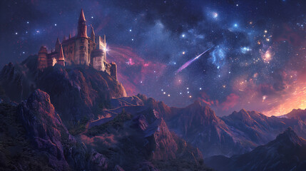 A majestic castle perched atop a rugged cliff, bathed in the light of a starry night sky. A comet streaks across the heavens, while the dusk merges into a vibrant celestial display on the horizon. - obrazy, fototapety, plakaty