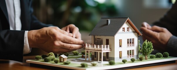 Real estate agent presenting a model house focusing on planning and management for future homeowners - obrazy, fototapety, plakaty