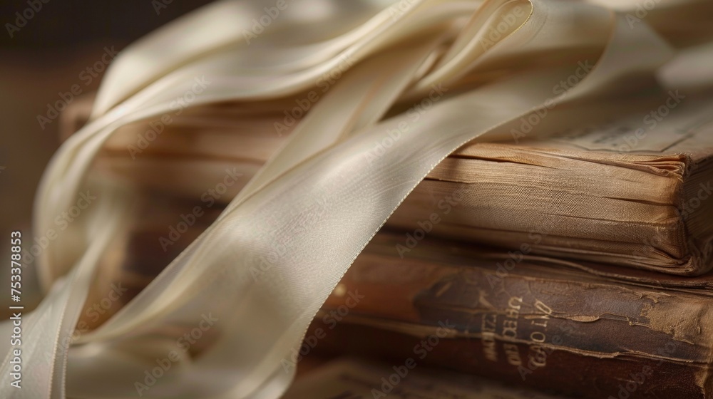 Aufkleber the closeup of a delicate silk ribbon gently dd over a stack of worn textbooks symbolizing the passi