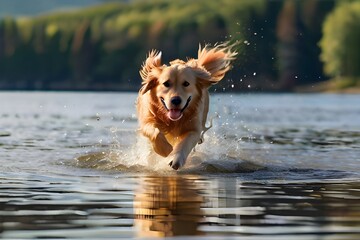 A happy Golden Retriever dog running out of a mountain lake with water splashes and a scenic nature...