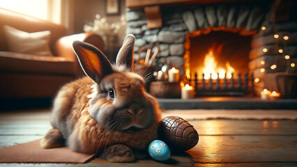 brown easter bunny with choclolate eggs by fire