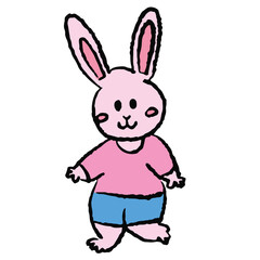 Hand drawn pink bunny in crayon style for animals, pet, vet, easter, stickers, cartoon character, comic, mascot, plush toy, doll, tattoo, print, ad, logo, icon, social media post, decorations, rabbit