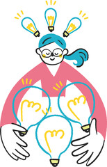 沢山のアイディアの電球を大事に抱える女の子　イラスト素材
