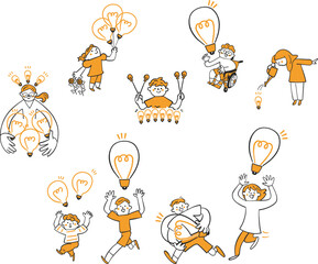 元気な僕らはアイディアで弾んでる　アイディアの電球いっぱいの子供たち　セット　イラスト素材				
