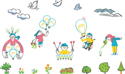 元気な僕らはアイディアで弾んでる　アイディアの電球いっぱいの子供たち　セット　イラスト素材				
