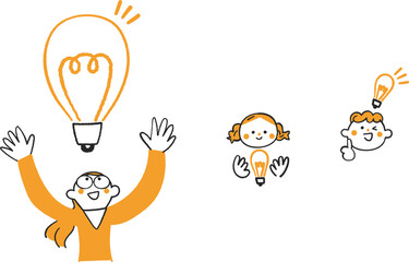 アイディアの電球と自由に遊ぶ子供　セット　イラスト素材
