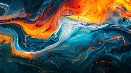 Abstract fluid art painting with swirling patterns of blue, orange, and black creating a dynamic and vivid composition.
