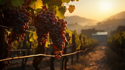 Ripe grape clusters in a vineyard at sunset, symbolizing viticulture and wine quality. - obrazy, fototapety, plakaty