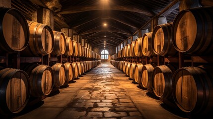 Wooden barrels in a wine cellar, evoking traditional winemaking and storage.