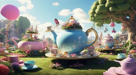 Fotobehang Giant tea party: a Wonderland landscape that features a giant tea party, with oversized teapots, teacups, and plates. The landscape can be filled with whimsical elements such as talking flowers © alhaitham