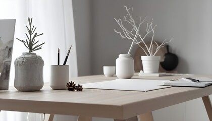 Fototapeta na wymiar Clean Aesthetic Scandinavian style table with decorations 
