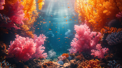 Naklejka na ściany i meble Vibrant underwater seascape with sunbeams illuminating colorful coral reef.