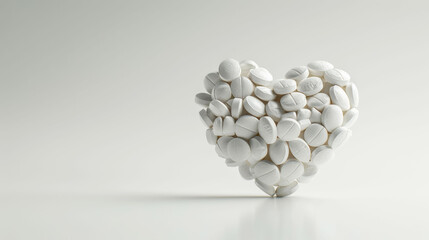 Heart shape made of white pills on a light background, symbolizing healthcare and love.
