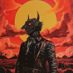 Anthropomorphic Wolf in Suit against Apocalyptic Sky

