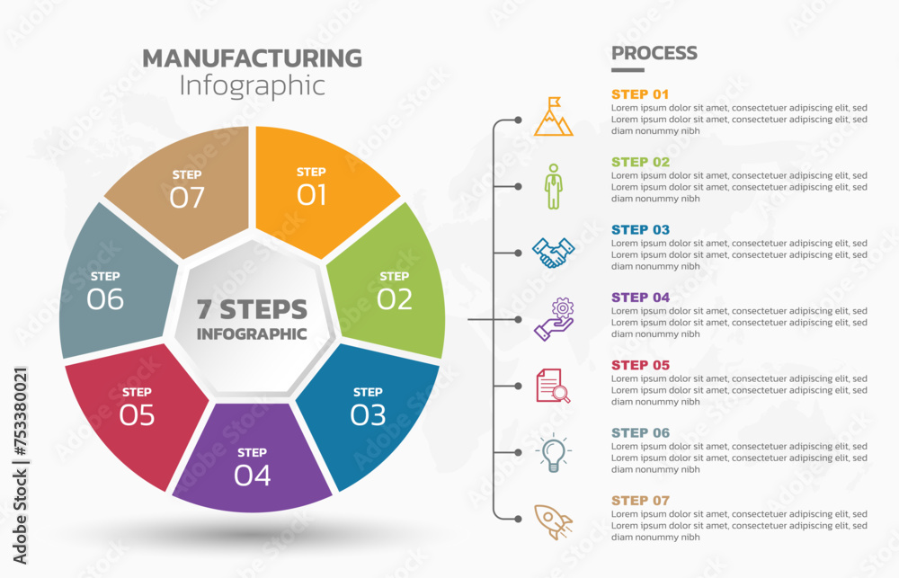 Poster Visual data presentation. Cycle diagram with 7 options. Pie Chart Circle infographic template with 7 steps, options, parts, segments. Business concept. Marketing infographic vector illustration.