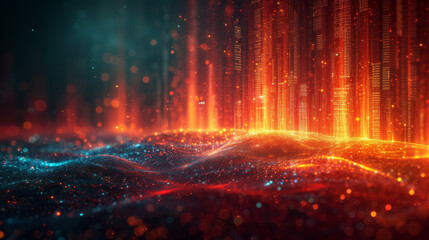 In this futuristic infographic an innovative 3D bar chart depicts the struggle between income and expenses. The income bar is composed of a futuristic blue and green geometric