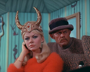 Illustration of a vintage couple wearing festive headgear,