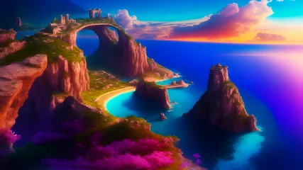 Foto op Canvas Aerial view, Landscape with islands, mountains, trees, flowers, sunset, sunrise, waterfalls, green sea, blue ocean, fantasy tropic nature background, home wall art and wallpaper © YOAQ