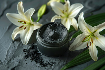 Black charcoal paste in a jar and lily flowers on a dark gray background. The horizontal luxurios banner is the theme of cosmetics. Top view, close-up, place for text