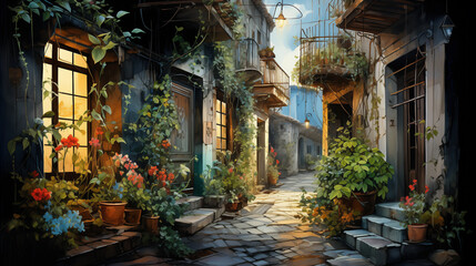 Fototapeta na wymiar A watercolor depicts a cozy European alley at dusk, featuring glowing street lamps and lush greenery, evoking a sense of romance.