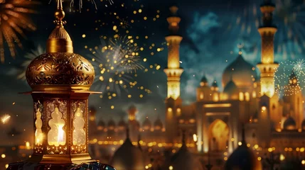 Foto op Canvas ramadan kareem eid mubarak royal elegant lamp with mosque holy gate with fireworks  © MOUISITON