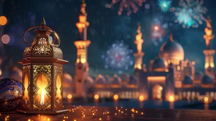 Foto op Canvas ramadan kareem eid mubarak royal elegant lamp with mosque holy gate with fireworks  © MOUISITON