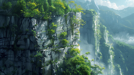 A digital painting of majestic cliffside bathed in sunlight, adorned with vibrant green trees and shrouded in mist, with birds flying in the distance.