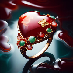 Stylish heart shape ring made with agate, jade and gold, fashionable artistic design, background is marble