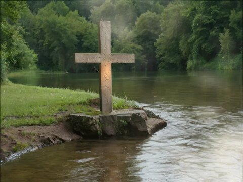 a wooden cross by the river, a dense forest and a sunny day