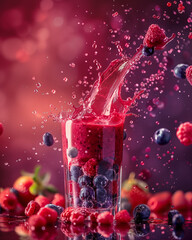 Berry Blast Smoothie - A Splash for Berry Smoothie and Fruit Juices Being Poured into a Glass - With Vibrant Mixed Berries in the Background on Bright Backdrop - Healthy Breakfast Beverage Concept