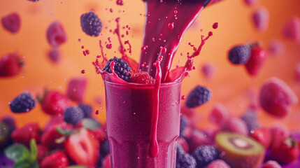 Berry Blast Smoothie - A Splash for Berry Smoothie and Fruit Juices Being Poured into a Glass - With Vibrant Mixed Berries in the Background on Bright Backdrop - Healthy Breakfast Beverage Concept - obrazy, fototapety, plakaty