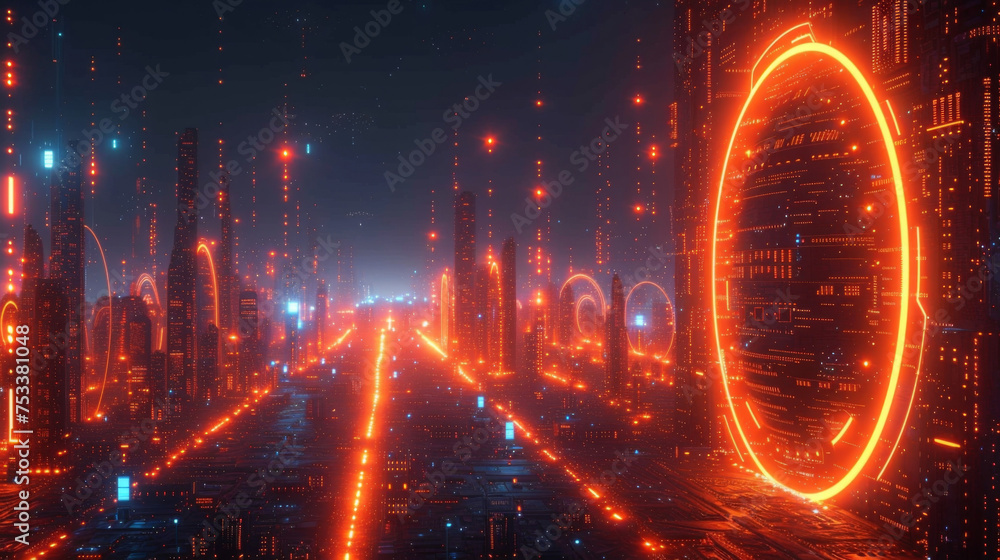 Aufkleber a bustling virtual city filled with skyscrapers of code and data comes to life in a mesmerizing moti