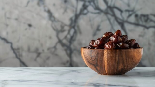 Sweet dates out of wooden bowl on marble surface
