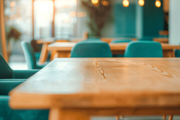 Relaxation lounge, cafe area in co-working building. Closeup of an empty wooden table with chairs and blurred background