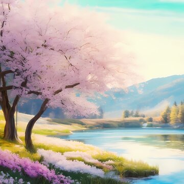 cherry blossom trees in ai painting