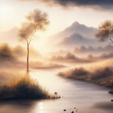 Lake view in autumn in AI
