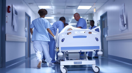 A group of professionals doctors and nurses are rushing down a hallway with a patient on a gurney. The scene is tense and urgent, as the medical team is working to save the patient's life.