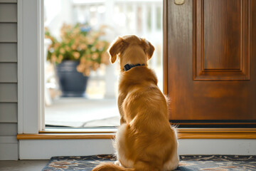 Puppy dog patiently sitting by front door, eagerly awaiting an outing with their owner, view from behind