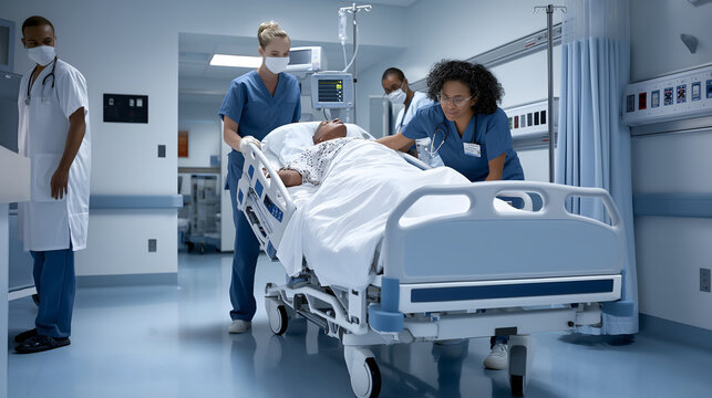A group of professionals doctors and nurses are rushing down a hallway with a patient on a gurney. The scene is tense and urgent, as the medical team is working to save the patient's life.