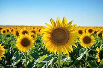 Fototapeta premium A bright and cheerful sunflower field stretching towards the horizon