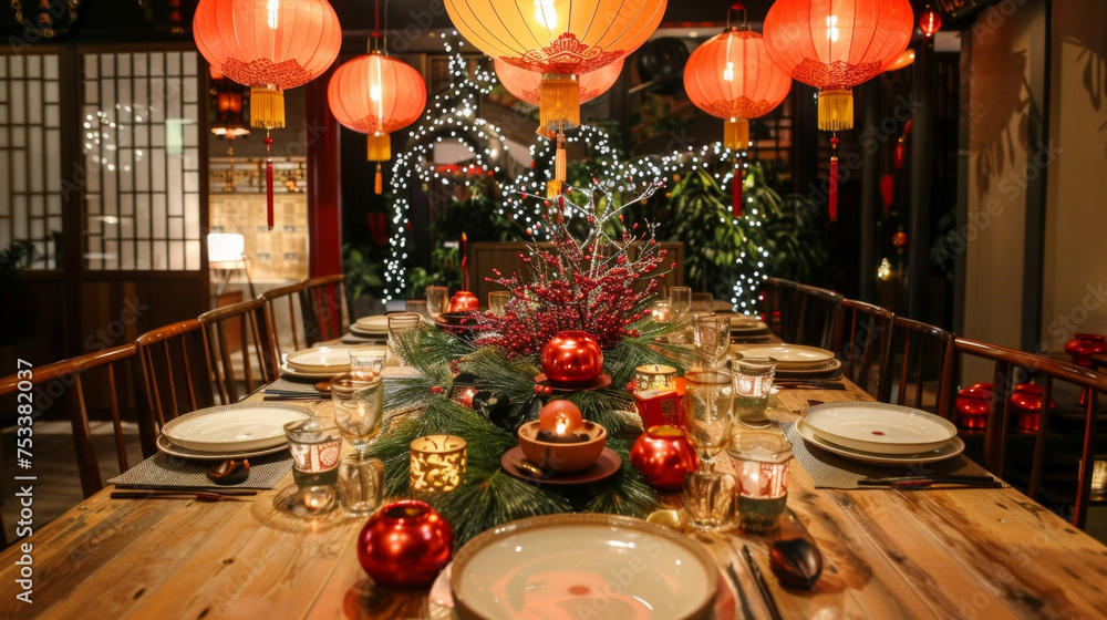 Poster the table was adorned with various chinese new year decorations such as red lanterns golden coins an