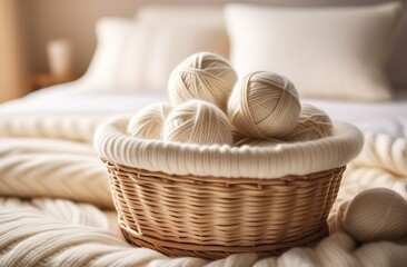 A wicker basket with balls of yarn on a knitted plaid, on the background of a home interior. - obrazy, fototapety, plakaty