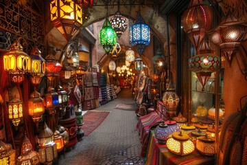 A Moroccan bazaar with intricate lanterns and colorful textiles