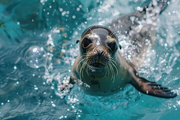 Obraz premium A playful seal pup making bubbles under the icy blue sea