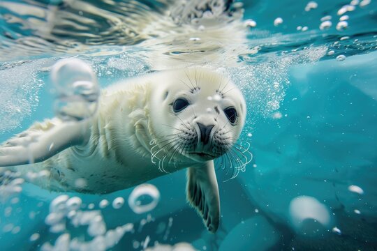 A playful seal pup making bubbles under the icy blue sea