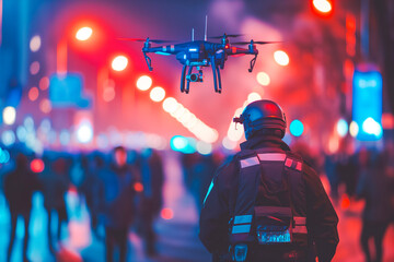 Police officer uses a drone to monitor crowd Control, Cityscape Monitoring, legal services danger,...