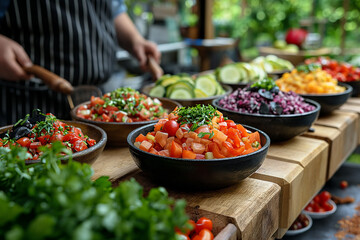 Obraz premium A wooden table full of bowls of various salads
