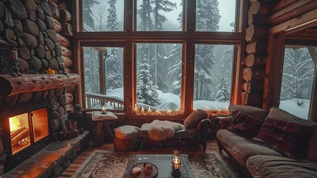 cozy winter weekend in log cabin. winter background with warm cabin and fireplace. seamless looping overlay 4k virtual video animation background