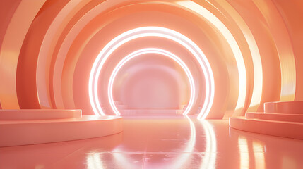 Naklejka premium Futuristic Peach Light Tunnel in Reflective Space